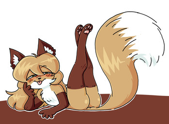 anthro blush brown_ears butt digitigrade dipstick_tail eyebrow_through_hair eyebrows female female_anthro gloves_(marking) green_eyes hair leg_markings long_hair looking_at_viewer lying markings on_back paws simple_background socks_(marking) solo tail tail_markings tongue tongue_out translucent translucent_hair white_background white_tail_tip conditional_dnp johanndegen averi_(fiddleafox) canid canine fox mammal 2026 digital_drawing_(artwork) digital_media_(artwork) hi_res