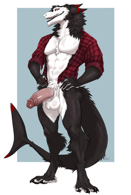 abs anthro balls big_balls big_penis claws clothed clothing digitigrade erection flannel_shirt genitals glans hands_on_hips humanoid_genitalia humanoid_penis male male_anthro muscular muscular_male pantsless pecs penis shark_tail smile smirk solo tail unknown_artist ford_sergal aquatic fish sergal shark absurd_res hi_res