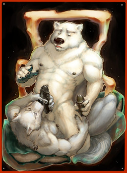 abs animal_genitalia anthro balls biceps big_muscles big_penis black_claws black_nipples black_nose black_penis border claws cowgirl_position duo ear_piercing erection eye_contact fangs from_front_position fur genitals grey_body grey_fur half-closed_eyes handjob humanoid_genitalia humanoid_penis interspecies jewelry kneeling looking_at_another lying male male/male male_on_bottom male_on_top muscular muscular_male narrowed_eyes necklace nipple_piercing nipples nude on_back on_bottom on_top open_mouth orange_border pecs penile penis penis_grab piercing pillow purple_eyes sex sheath straddling tail teeth vein white_body white_fur pockyrumz bear canid canine canis mammal polar_bear ursine wolf hi_res