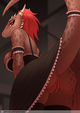 anthro anus bottomless bottomwear breasts butt clitoris clothed clothing female female_anthro genitals hair horn legwear looking_at_viewer looking_back maid_uniform nipples no_underwear non-mammal_breasts non-mammal_nipples presenting presenting_anus presenting_vulva pupils raised_tail red_eyes skirt slit_pupils smile solo stockings tail tail_under_skirt tail_upskirt text uniform upskirt vulva chrysalisdraws microsoft the_elder_scrolls the_lusty_argonian_maid lifts-her-tail argonian scalie 2020 alternate_version_at_source digital_media_(artwork) hi_res url