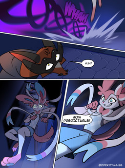 anthro blue_eyes clothed clothing dialogue duo hoodie jumping looking_up male smile speech_bubble surprised text topwear yellow_eyes odeko-yma nintendo pokemon pokemon_mystery_dungeon spike_chunsoft pix_(odeko-yma) eeveelution generation_6_pokemon generation_8_pokemon pokemon_(species) sylveon thievul 2026 absurd_res comic digital_media_(artwork) english_text hi_res signature