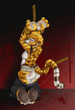 abuse anthro bdsm blood blush bodily_fluids bondage bottomwear bottomwear_down bound breasts clothed clothing countershading crying eyes_closed female forced genital_fluids hands_above_head kneeling pants pants_down partially_clothed rape rear_view rope sex side_boob slave solo stripes submissive submissive_female tail tail_grab tears vaginal_fluids dktorzi dreamworks kung_fu_panda master_tigress felid mammal pantherine tiger 2010 hi_res