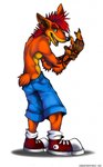 activision anthro arody bandicoot bottomwear clothed clothing crash_bandicoot crash_bandicoot_(series) footwear green_eyes hi_res looking_at_viewer male mammal marsupial pants shoes smile solo topless