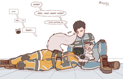 blue_eyes boots brown_hair clothed clothing dialogue duo footwear fully_clothed fur hair jumpsuit knee_pads lying machine male male/male married_couple on_back ruffling_hair shoes simple_background sitting speech_bubble tail text tongue tongue_out white_body white_fur warjenkins thao_(warjenkins) human humanoid mammal protogen absurd_res english_text hi_res