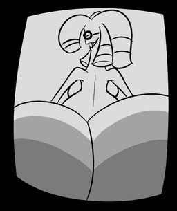 back_boob big_breasts big_butt black_border border breasts butt crossgender dreadlocks eyes_closed female first_person_view grey_background grin huge_butt mtf_crossgender simple_background smile solo teeth_showing viddibus nintendo pokemon baron_gimm elemental_creature elemental_humanoid generation_9_pokemon gholdengo humanoid metal_creature mineral_fauna mineral_humanoid pokemon_(species) 2023 greyscale monochrome