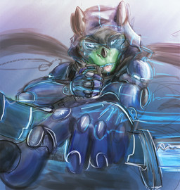 anthro armor black_horn blue_body blue_scales blue_teeth clothed clothing explosives green_body green_scales grenade hood horn katana looking_at_viewer male melee_weapon open_mouth scales solo sword teeth tongue tongue_out weapon gelidien vergence dinosaur dromaeosaurid prehistoric_species reptile scalie theropod velociraptor 2016