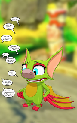 2_toes alternate_species anthro belly big_ears blue_eyes blurred_background fangs feet female female_anthro gender_transformation green_body membrane_(anatomy) membranous_wings offscreen_character red_body species_transformation speech_bubble teeth text toes transformation wings yellow_belly yellow_body runningtoaster playtonic_games yooka-laylee yooka bat mammal 2026 5:8 english_text hi_res