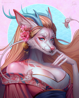 accessory anthro antlers blue_antlers blue_eyes cheek_tuft clothed clothing eyelashes facial_tuft female female_anthro flower flower_in_hair fur gradient_fur hair hair_accessory horn long_hair looking_at_viewer orange_hair pattern_background pink_body pink_fur plant simple_background solo text tuft white_body white_fur marie_merkh mythology canid canine dragon hybrid mammal mythological_creature mythological_scalie scalie artist_name bust_portrait hi_res portrait signature