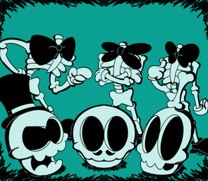 alcohol anthro ball beer beer_bottle beverage big_shoes billiard_ball bone bottle bow_tie cartoon_gloves clothing container crossed_arms facial_hair for_a_head group hat headgear headwear hollow_eyes male mustache pelvis rib_cage rubberhose simple_background skeleton skull spine toony top_hat trio crazy_8_animations 8-ball_the_magician chip_highroller mr_gigglewater animated_skeleton humanoid object_head undead shaded simple_shading