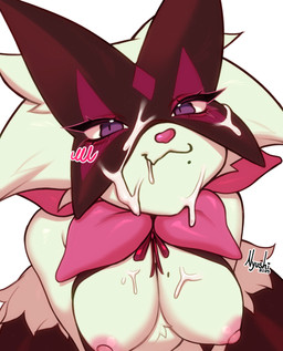 anthro areola bodily_fluids breasts cum cum_in_mouth cum_inside cum_on_breasts cum_on_face female genital_fluids high-angle_view markings mole_(marking) mouth_full nipples pink_areola pink_nipples ribbons sitting smile solo nyushi nintendo pokemon fan_character felid feline generation_9_pokemon mammal meowscarada pokemon_(species) hi_res