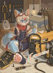 anthro clothed clothing detailed_background eyewear eyewear_on_head generator goggles goggles_on_head kemono male pawpads screwdriver sitting solo toolbox tools wrench qftalorz canid canine mammal hi_res