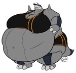 anthro big_breasts breasts female grey_body huge_breasts hyper hyper_breasts morbidly_obese morbidly_obese_anthro obese obese_anthro overweight overweight_anthro sharp_teeth solo standing teeth eddy_okapi nintendo pokemon aggron generation_3_pokemon pokemon_(species) hi_res