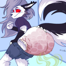 anthro black_eyes bottomwear bottomwear_down clothed clothing diaper feces female partially_clothed piercing pooped pooping red_eyes red_sclera shorts shorts_down smelly soiled_diaper soiling solo stink_fumes unclean_diaper used_diaper wearing_diaper diximmo hellaverse helluva_boss mythology loona_(helluva_boss) canid canid_demon canine demon hellhound mammal mythological_canine mythological_creature 1:1 hi_res