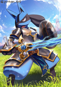 ambiguous_gender angry anthro armor blue_body blue_fur castle chest_armor city clothed clothing cloud field fur gauntlets gloves grass handwear humanoid_pointy_ears knight leg_armor melee_weapon open_mouth orange_eyes paladin plant pointy_ears public shield shoulder_guards sky solo sparkles sword teeth waist_accessory warrior weapon pantheon_eve nintendo pokemon canid canine generation_4_pokemon lucario mammal pokemon_(species) 2020 hi_res signature
