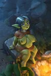 big_breasts blue_eyes blue_hair bodypaint bonfire bottomwear breasts campfire circlet clothed clothing colored_skin ear_piercing facial_piercing female goblin goblin_female green_body green_skin hair half_naked hi_res horizontal_pupils humanoid humanoid_pointy_ears jewelry long_hair looking_at_viewer markings morc_orc navel necklace nipple_piercing nipple_ring nipples nose_piercing nose_ring outside piercing plant pregnant pupils pythe_(spacegob) ring_piercing rock sagging_breasts short_stack sitting skirt smile smiling_at_viewer solo topless tribal