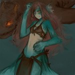 anthro blue_body blue_skin bottomwear bra breasts clothing female feral flat_chested hair long_hair looking_at_viewer multicolored_body orange_eyes pink_hair three-quarter_view two_tone_body underwear water yellow_eyes syvaron fish marine 1:1