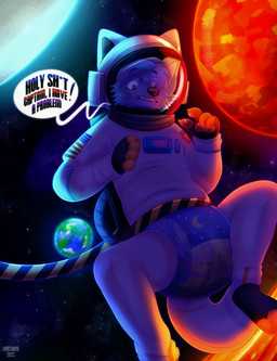 4_fingers abdl american_flag anthro bent_legs blue_body blue_fur clothed clothing dialogue diaper earth feces fingers floating fur looking_at_diaper looking_down male pawpads planet soiled_diaper soiling solo space spacesuit sun text three-quarter_view unclean_diaper united_states_of_america used_diaper wearing_diaper fructoruu canid canine canis mammal wolf 2025 english_text hi_res