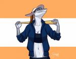 anthro athletic athletic_anthro athletic_female baseball_bat bat_(object) breasts clothing female hair hat headgear headwear holding_object hoodie non-mammal_breasts ponytail scar simple_background smile solo standing topwear shamerli white_oyster francine_sikorska fish marine shark 2019