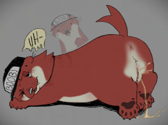 5_toes anus black_claws black_nose bodily_fluids brown_body brown_fur brown_paws circle_eyebrows claws clothing drip_effect dripping_speech_bubble eyebrows feet feral fur genital_fluids genitals half-closed_eyes headgear headwear narrowed_eyes one_eye_closed open_mouth paws peeing snaggle_tooth snapback_hat solo speech_bubble sweat sweatdrop tail tan_body tan_fur text text_on_clothing text_on_headwear toes urine vulva whisker_spots wink x_anus ballpitweazel least_weasel mammal mustelid musteline true_musteline weasel english_text hi_res trans_(lore) trans_man_(lore)