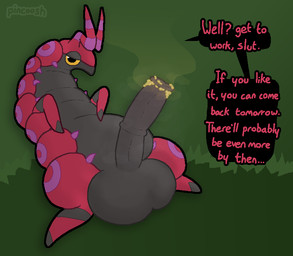 animal_genitalia animal_penis balls big_balls big_penis dialogue dirty_talk equine_genitalia equine_penis feral genitals half-erect looking_at_viewer lying male medial_ring musk musky_penis on_back penis presenting presenting_penis quadruped requesting smegma smelly solo speech_bubble stink_fumes talking_to_viewer text yellow_sclera pincoosh nintendo pokemon generation_5_pokemon pokemon_(species) scolipede digital_media_(artwork) english_text hi_res signature
