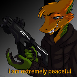 anthro blue_eyes gun holding_object holding_weapon looking_at_viewer male multi_eye multicolored_body ranged_weapon smile smiling_at_viewer solo text weapon unknown_artist gemini_the_sergal sergal 1:1 hi_res