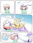 2016 aftertale ambiguous_gender anthro asgore_dreemurr beard blonde_hair boss_monster_(undertale) bovid cape caprine chara_(undertale) clothing comic dialogue english_text facial_hair hair horn human long_ears loverofpiggies male mammal shirt size_difference smile text topwear undertale undertale_(series)