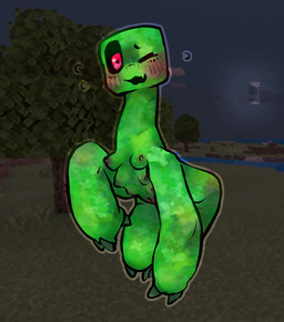 3_toes areola bent_legs blush blush_lines bodily_fluids breasts breasts_and_teats claws crotch_breasts fangs feet female feral flying_sweatdrops genitals green_body green_skin long_neck looking_at_viewer medium_breasts multi_breast nervous nervous_smile nipples one_eye_closed quadruped red_eyes screencap screencap_background smile solo sweat sweatdrop teats teeth toes vulva wink ghoulshoot microsoft minecraft mojang xbox_game_studios creeper_(minecraft)