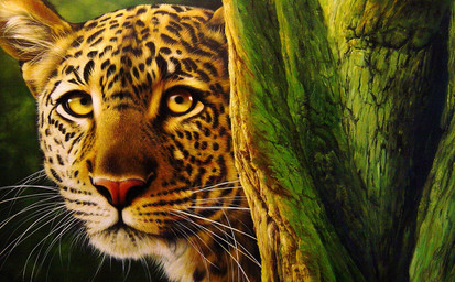 ambiguous_gender feral looking_at_viewer plant realistic solo tree whiskers yellow_eyes raipun felid leopard mammal pantherine oil_painting_(artwork) painting_(artwork) traditional_media_(artwork) traditional_painting_(artwork)