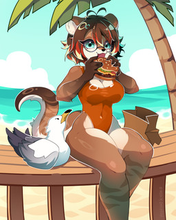anthro beach biped breasts brown_body brown_fur brown_hair burger circle_eyebrows clothing duo eating eyebrows eyewear female fisheye_lens food fur glasses green_eyes grumpy hair highlights_(coloring) hungry markings membrane_(anatomy) multicolored_body multicolored_hair one-piece_swimsuit orange_clothing orange_swimwear outside palm_tree plant red_highlights sand sea short_hair sitting smile smiling_at_viewer solo_focus striped_arms striped_body striped_fur striped_legs striped_markings striped_tail stripes swimwear tail tail_markings tree two_tone_body water wearing_glasses webbed_hands yoshinokyoko thalassophilia_(zombiecowherd) riley_delmare avian bird gull lari larid mammal mustelid otter river_otter absurd_res digital_media_(artwork) hi_res