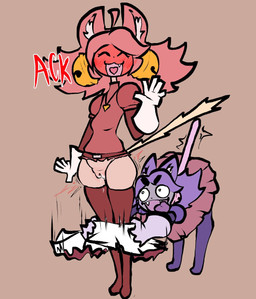 assisted_exposure bell blush blushing_profusely clothing dripping_vulva duo exposed fangs female female/female genitals gesture grey_body grey_skin hair heart_tongue legwear light_body light_skin looking_at_butt pantsing pink_hair purple_hair raised_tail simple_background straightened_tail tail tan_background teeth text thigh_highs tongue tongue_out vulva waving waving_at_viewer steadmondslick deltarune undertale_(series) irritable_ghost_(deltarune) mad_mew_mew mew_mew_(undertale) pink_(deltarune) animal_humanoid cat_humanoid felid felid_humanoid feline feline_humanoid humanoid mammal mammal_humanoid hi_res