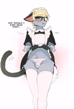 5_fingers anthro black_nose black_text blonde_hair blush blush_lines bottomwear bulge clothed clothing clothing_lift crossdressing crossdressing_male detailed_bulge dialogue eyewear femboy fingers fur glasses grey_body grey_fur hair legwear looking_at_viewer maid_headdress maid_uniform male open_mouth panties pink_inner_ear simple_background skirt skirt_lift solo standing tail text thigh_highs tuft underwear uniform wearing_glasses white_background white_clothing white_legwear white_panties white_thigh_highs white_underwear mikosi animal_crossing nintendo raymond_(animal_crossing) domestic_cat felid feline felis mammal 2024 english_text hi_res portrait three-quarter_portrait