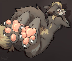 anthro big_tail brown_eyes butt claws feet foot_focus fur grey_background grey_body grey_fur high-angle_view looking_at_viewer looking_back looking_back_at_viewer lying male nude on_front pawpads pink_pawpads simple_background smile smiling_at_viewer solo tail white_claws konejo canid canine canis mammal wolf 2023 colored digital_drawing_(artwork) digital_media_(artwork) hi_res shaded