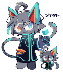 3_toes ahoge alternate_form alternative_fashion barefoot black_pawpads blue_markings chibi cube_(object) cyberpop eyewear feet fur glasses grey_body grey_fur hair heterochromia j-fashion kemono long_tail male markings pawpads paws solo tail text toes bayachao makemon ject_(makemon) domestic_cat felid feline felis mammal 2020 hi_res japanese_text multiple_images translated