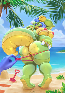 ambiguous_gender beach bikini bikini_pull breast_growth breasts clothing clothing_pull duo female glistening growth inflatable latex offscreen_character pool_toy pooltoy_transformation seam_(sewing) swimwear swimwear_pull transformation two-piece_swimsuit elysianelly animate_inanimate living_inflatable hi_res