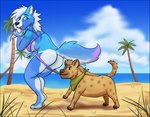 anthro assisted_exposure beach bikini blush breasts butt clothing coppertone_pose duo female kerchief looking_back male male/female sea swimwear two-piece_swimsuit under_boob water pickles-hyena coppertone_(sunscreen) canid canine canis hyena mammal wolf