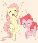 blue_eyes blush cheering confetti cutie_mark duo eyelashes eyes_closed female feral hair happy looking_at_viewer makeup mascara navel nude open_mouth open_smile pink_hair shy simple_background smile standing teeth text tongue yellow_background yanamosuda friendship_is_magic hasbro my_little_pony fluttershy_(mlp) pinkie_pie_(mlp) earth_pony equid equine horse mammal pony 2017 full-length_portrait japanese_text portrait signature