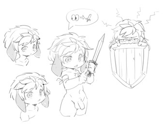 anthro balls bandage chest_tuft flaccid floppy_ears genitals gesture hair hand_gesture looking_at_viewer male melee_weapon nude open_mouth penis pointing shield solo speech_bubble standing sword tuft weapon young puinkey_(artist) greyscale hi_res monochrome sketch