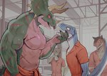 angry anthro areola bodily_fluids bottomwear clothed clothing dominant dominant_male dungeon fully_clothed green_body green_scales group holding_face inmates_clothing jumpsuit larger_anthro larger_male looking_at_another looking_at_partner male male/male muscular muscular_male nipples non-mammal_nipples orange_jumpsuit pink_body pink_scales prison prison_uniform prisoner red_eyes scales scar shelf size_difference smaller_anthro smaller_male standing submissive submissive_male tears yellow_eyes k0bit0wani abelisaurid carnotaurus ceratopsian dinosaur dromaeosaurid ornithischian pachycephalosaurid prehistoric_species reptile scalie theropod triceratops 2022 hi_res