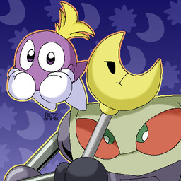 ambiguous_gender blonde_hair clothing duo gloves hair handwear holding_object holding_staff machine not_furry on_model purple_background purple_body simple_background staff white_clothing white_gloves white_handwear buzzer_(artist) kirby:_right_back_at_ya! kirby_(series) nintendo fofa_(kirby) alien demon_beast robot slice_n'_splice waddling_head 2026 aliasing dated digital_media_(artwork) low_res oekaki signature
