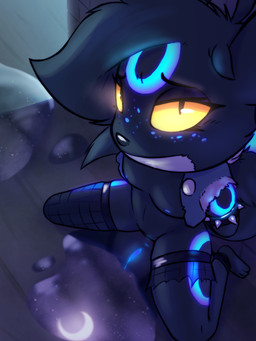 anthro anus bdsm black_body black_fur blue_body blue_glow bondage bound breasts clothing female fishnet_clothing freckles fur gag genitals glowing glowing_eyes glowing_markings markings moon night pokemorph puddle reflection small_breasts solo tape tape_gag vulva yellow_eyes cha0sapien nintendo pokemon moonshine_(cha0sapien) eeveelution generation_2_pokemon pokemon_(species) shiny_pokemon umbreon 3:4 absurd_res hi_res