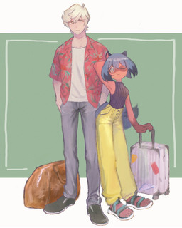 aloha_shirt bottomwear clothing duo female flip_flops footwear luggage male male/female one_eye_closed pants pattern_clothing pattern_shirt pattern_topwear romantic romantic_couple sandals shirt shoes simple_background size_difference standing summer topwear white_clothing white_shirt white_topwear yellow_bottomwear yellow_clothing yellow_pants ochika_yorumo brand_new_animal studio_trigger michiru_kagemori shirou_ogami canid canine human mammal raccoon_dog tanuki hi_res