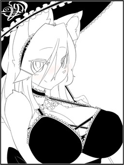 anthro clothing female hair lace maid_uniform solo uniform opqhlak domestic_cat felid feline felis mammal 3:4 black_and_white character_request monochrome sketch