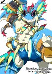 abs angry anthro black_sclera blue_body blue_scales bracelet camel_toe chaps clothing hair jewelry male necklace pecs red_eyes scales snarling solo swimwear tail text thong underwear white_hair moesouna_gomi lifewonders live_a_hero mythology hydoor dragon mythological_creature mythological_scalie scalie