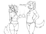 anthro areola breasts clothed clothed_anthro clothed_female clothing container cup dialogue duo exposed_breasts female fingers fur hair holding_container holding_cup holding_mug holding_object inner_ear_fluff legwear looking_at_another mug nipples one_breast_out open_mouth panties pantsless pantsless_anthro pantsless_female partially_clothed partially_clothed_anthro partially_clothed_female speech_bubble standing steam tail teeth text thigh_highs tongue topwear tuft underwear foxovh canid canine mammal 2024 digital_media_(artwork) english_text monochrome