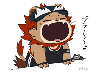 anthro blush brown_body brown_fur chibi clothing eyes_closed fingerless_gloves fur gloves handwear hat headgear headwear male singing slightly_chubby solo text nikiciy lifewonders tokyo_afterschool_summoners vapula_(tas) felid lion mammal pantherine 4:3 japanese_text translation_request