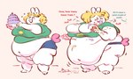 after_eating anthro belly big_belly big_breasts blonde_hair breasts cake clothed clothing dessert fat_arms fat_legs female food food_on_face fur hair holding_food holding_object huge_breasts ill-fitting_clothes messy morbidly_obese morbidly_obese_anthro morbidly_obese_female motion_lines navel obese obese_anthro obese_female offscreen_character overweight overweight_anthro overweight_female simple_background text weight_gain white_background white_body white_fur carcupholder chair_(carcupholder) lagomorph leporid mammal rabbit english_text