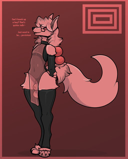 4_toes accessory animal_genitalia anthro armwear beads clothed clothing crossdressing dress eyewear feet femboy fur genitals glasses hair hair_accessory hair_beads hands_behind_back huge_hips imminent_sex legwear long_hair male pink_body pink_fur rectangular_glasses sheath small_waist solo text thick_thighs thigh_highs toes translucent translucent_clothing translucent_dress white_hair wide_hips bastiel canid canine fox mammal english_text hi_res
