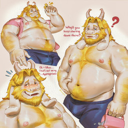 2_horns 5_fingers anthro barazoku beard blonde_beard blonde_facial_hair blonde_hair blue_bottomwear blue_clothing blue_eyes blue_pants blush body_hair bottomwear bulge chest_hair clothed clothing facial_hair fingers flower fur hair half-closed_eyes holding_object horn male narrowed_eyes nipples open_clothing open_shirt open_topwear overweight overweight_anthro overweight_male pants pattern_clothing pattern_shirt pattern_topwear pink_clothing pink_nipples pink_shirt pink_topwear plant question_mark shirt simple_background solo text topless topless_anthro topless_male topwear white_background white_body white_fur chonkyjohn undertale_(series) asgore_dreemurr bovid caprine goat mammal 1:1 2025 english_description english_text hi_res