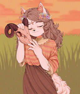 5_fingers accessory anthro black_nose bone brown_hair brown_horn cross eyelashes eyes_closed female fingers flower flower_in_hair fur grass hair hair_accessory horn inner_ear_fluff orange_inner_ear orange_inner_ear_fluff plant skull solo tan_body tan_fur teeth tuft sonyan 2017 digital_media_(artwork) hi_res shaded