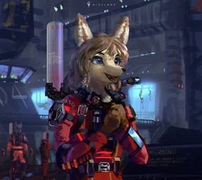 anthro backpack blue_eyes brown_hair clasped_hands group hair male open_mouth science_fiction scientific_instrument short_hair solo_focus text warning warning_label aidelank canid canine mammal